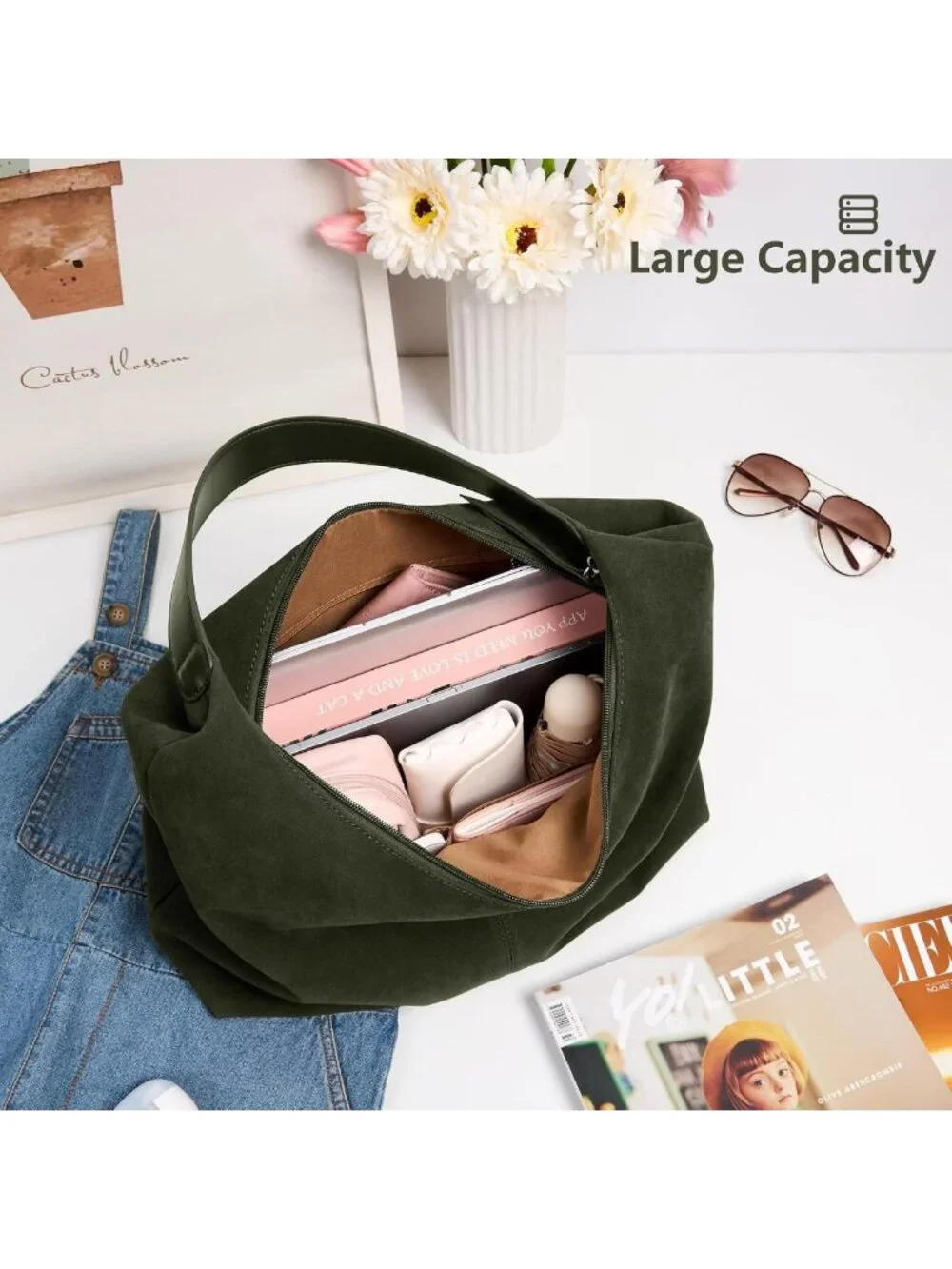 Stylish Vegan Leather Slouchy Tote Bag | 18L Hobo Purse with Zipper & Pockets